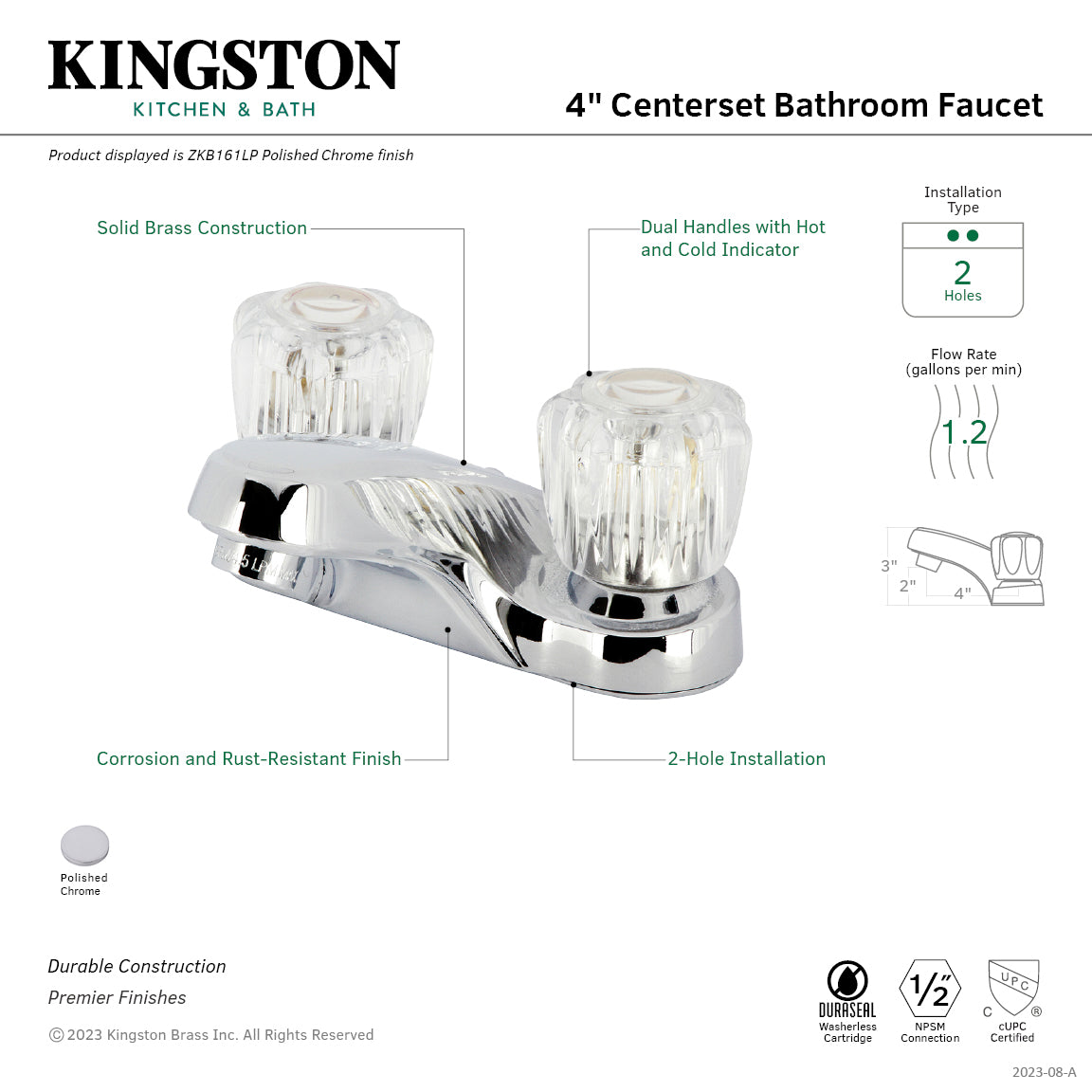 Kingston ZKB161LP Double-Handle 3-Hole Deck Mount 4-Inch Centerset Bathroom Faucet, Polished Chrome — thumbnail 2